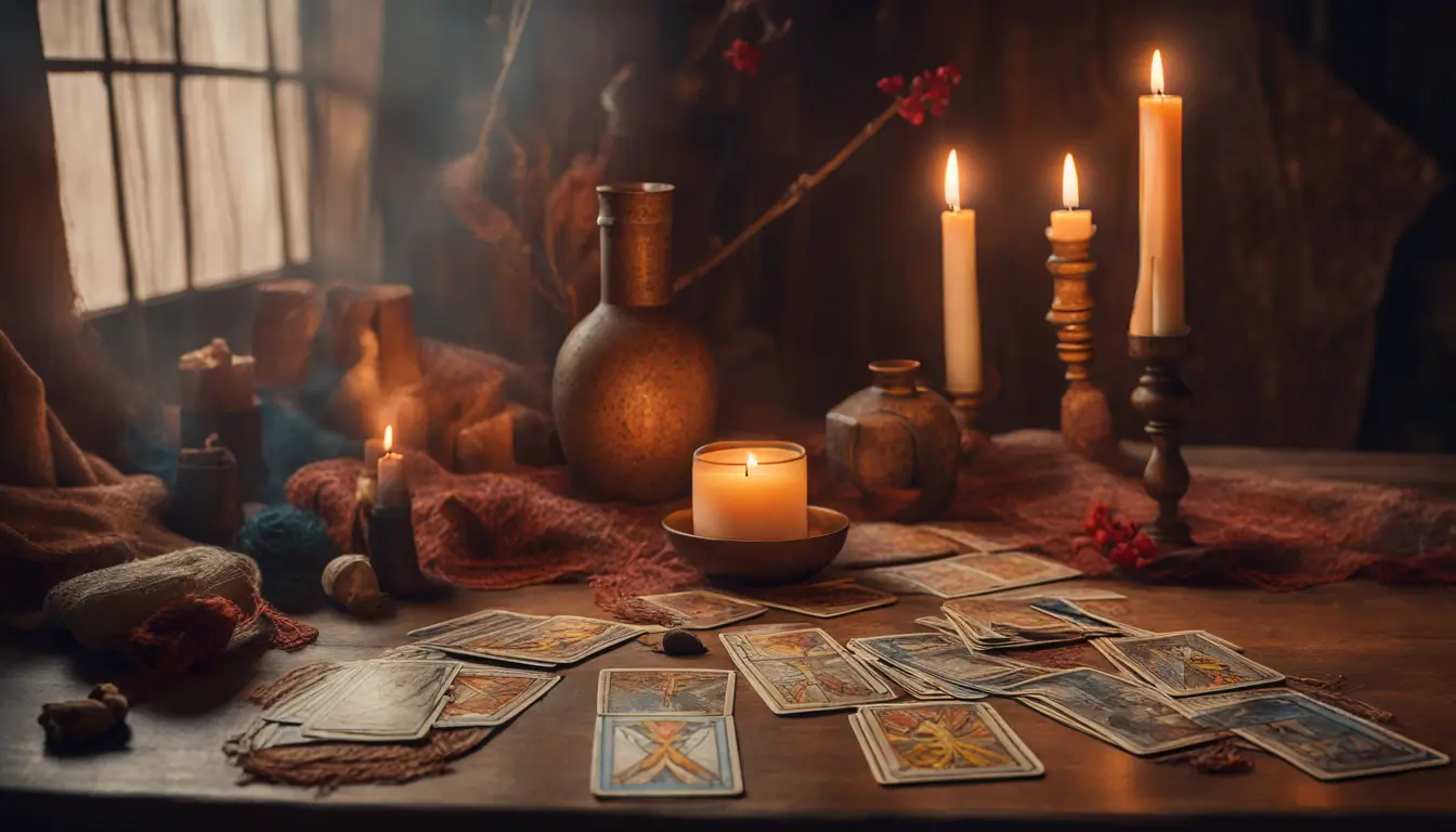 Imagem de uma mesa de madeira com um pano colorido e cartas de Tarot iluminadas por velas, ideal para iniciantes que desejam explorar o mundo místico do Tarot.