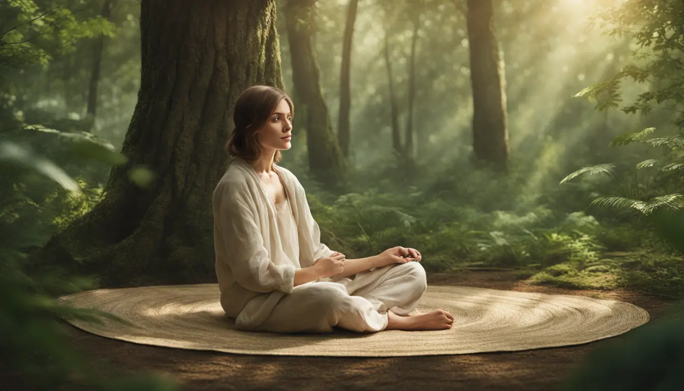 Jovem adulto meditando em um tapete de palha, cercado por uma floresta tranquila, iluminado pela luz do sol entre as folhas.