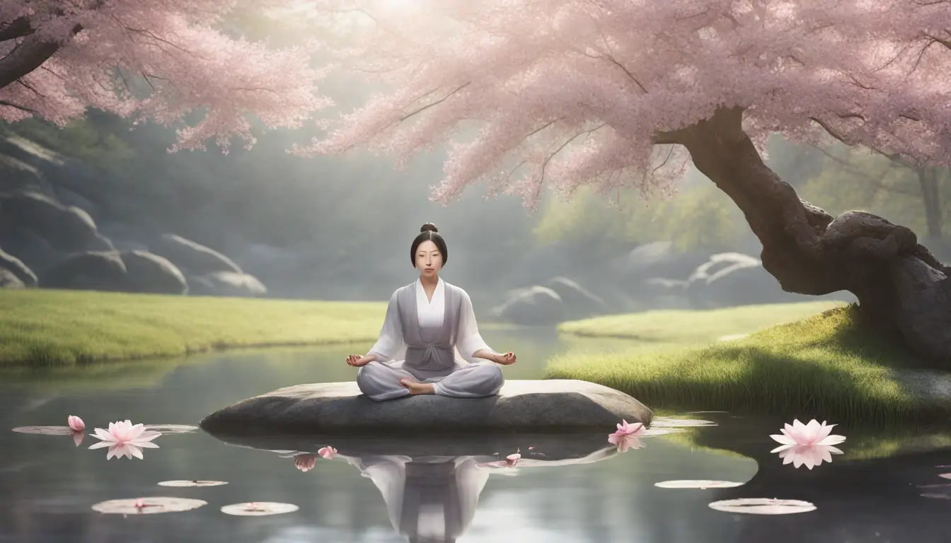 Mulher asiática meditando em pedra rodeada de lago com flores de lótus e árvores de cerejeira, refletindo técnicas de meditação para consciência espiritual.