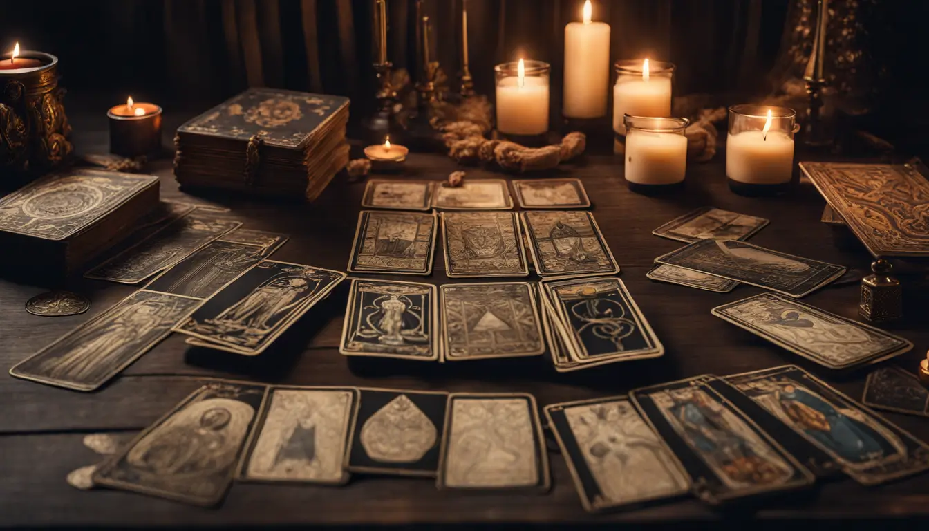 Uma mesa de madeira com um pano preto exibindo cartas de Tarot como O Louco, Os Amantes e A Morte, iluminadas por uma vela em ambiente sombrio.