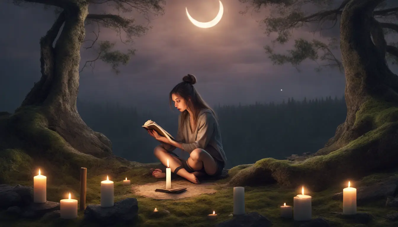 Jovem mulher praticando Wicca em uma clareira de floresta ao entardecer, com velas e um livro de sombras aberto, ideal para iniciantes.