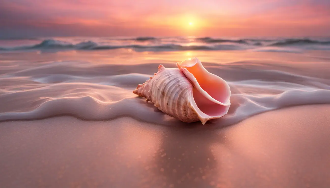 Mão segurando um búzio na praia ao pôr do sol, captando orientações da natureza, com ondas suaves e céu colorido em tons de rosa e laranja.