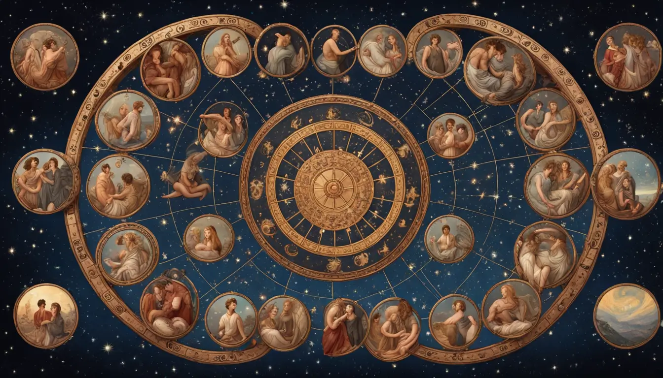 Imagem de uma roda zodiacal com casais diversos sob seus signos, em um fundo de céu estrelado, ilustrando a influência dos astros nos relacionamentos.