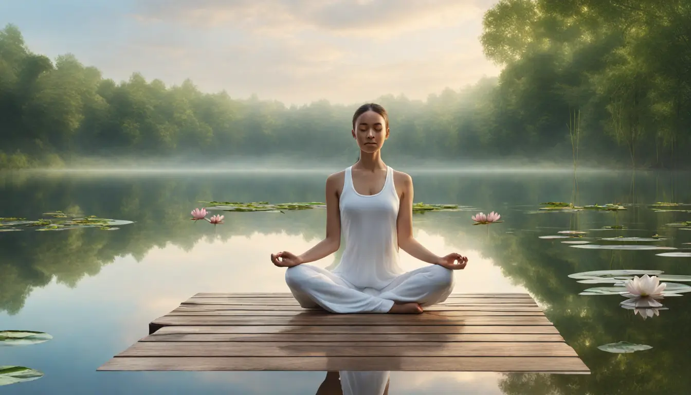 Imagem de uma jovem meditando em posição de lótus num cais de madeira, com um lago sereno e árvores ao fundo ao amanhecer.