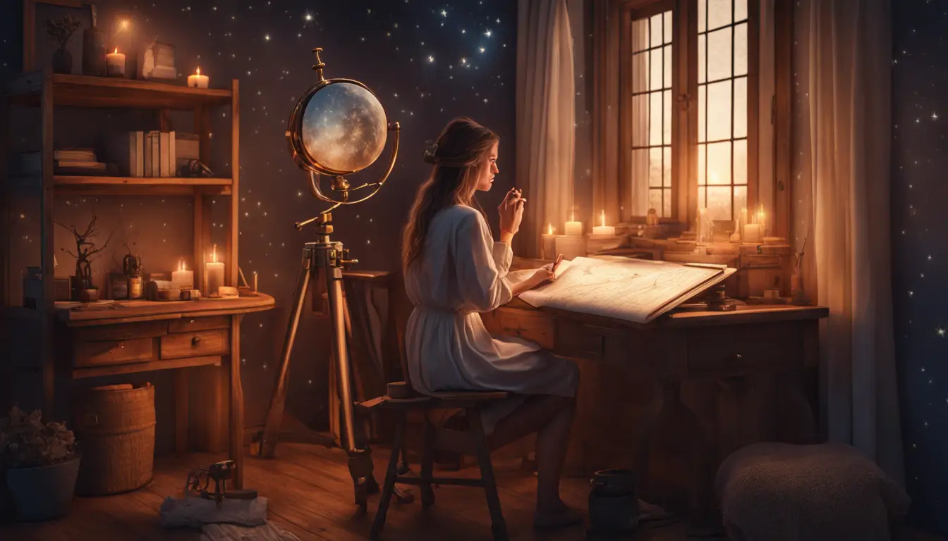 Mulher estudando um mapa astral ao lado de um telescópio, sob um céu estrelado visível através de uma janela, ambiente acolhedor iluminado por velas.