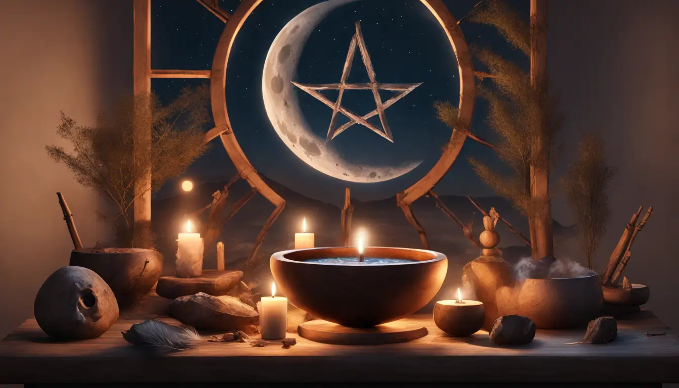 Altar de Wicca com símbolo do pentagrama, elementos naturais como terra, água e uma vela, sob uma lua cheia em noite límpida.