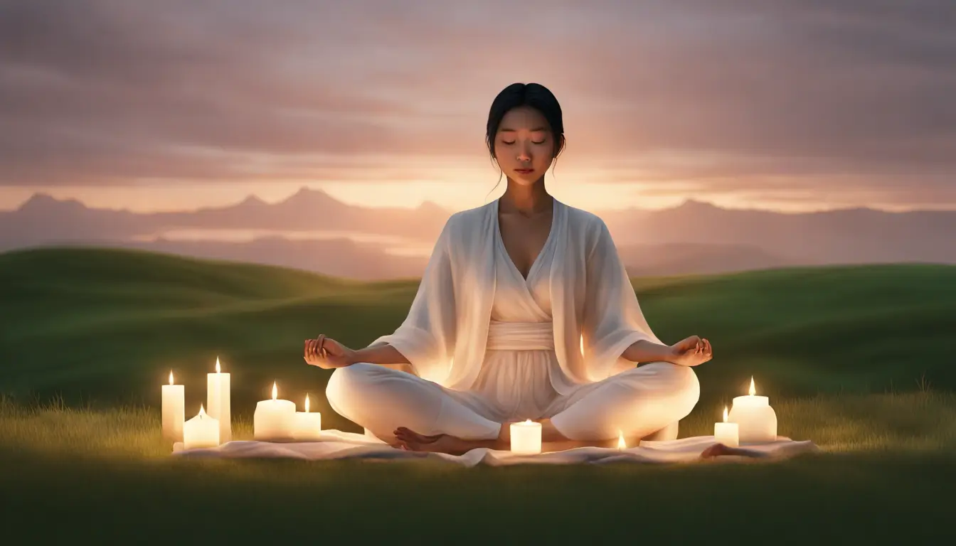 Mulher asiática meditando sentada em uma colina gramada ao pôr do sol, cercada por velas suavemente iluminadas, promovendo técnicas de autoconhecimento.