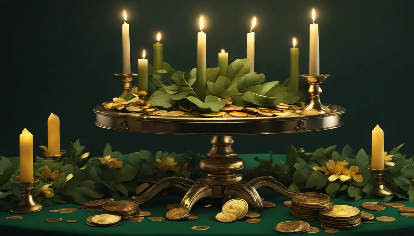 Mesa redonda com veludo verde e candelabro dourado, velas acesas e moedas, simbolizando rituais de prosperidade financeira.