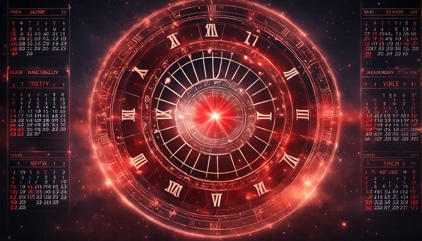 Imagem de um calendário digital com uma data circulada em vermelho no centro, cercada por símbolos místicos e números brilhantes em um fundo estrelado.