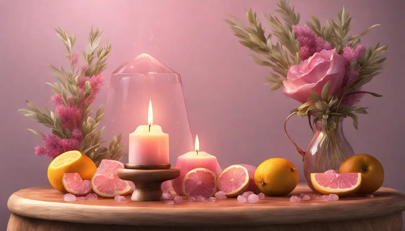 Mesa de madeira polida com cristais de quartzo rosa, ametista, citrino e selenita em círculo, com uma vela acesa no centro, luz natural suave.