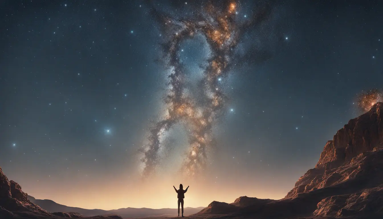 Imagem de uma pessoa observando o céu estrelado com planetas visíveis e segurando um mapa astral, refletindo a influência dos astros na astrologia