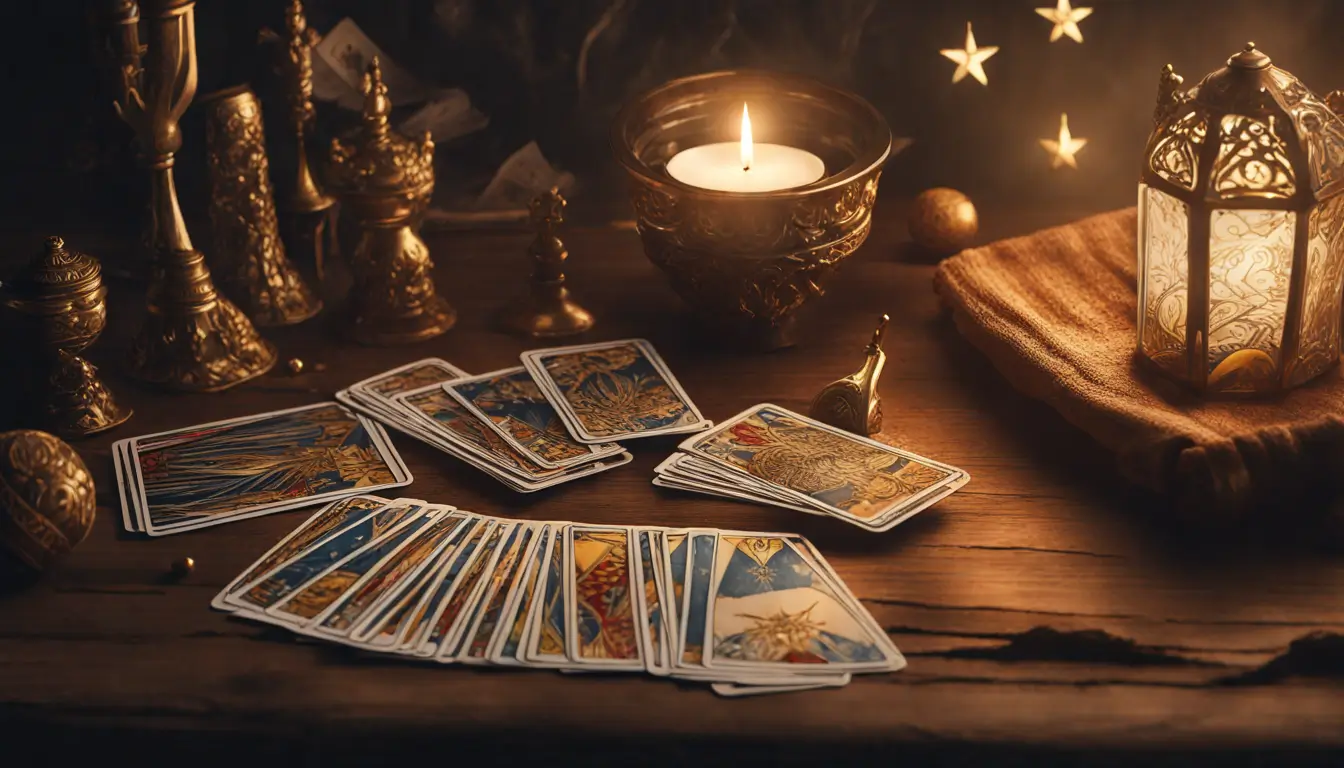 Mesa com cartas de Tarot, vela acesa e bola de cristal, cenário com cortinas roxas e estrelas douradas, representando leitura de Tarot