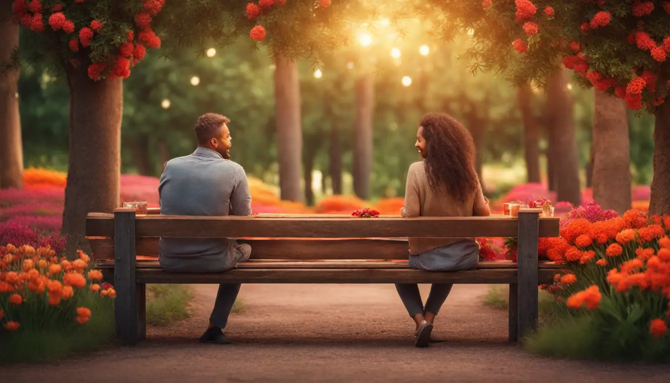 Casal sorridente sentado em um banco de madeira em parque verdejante segurando velas vermelhas acesas com flores ao redor e pôr do sol ao fundo