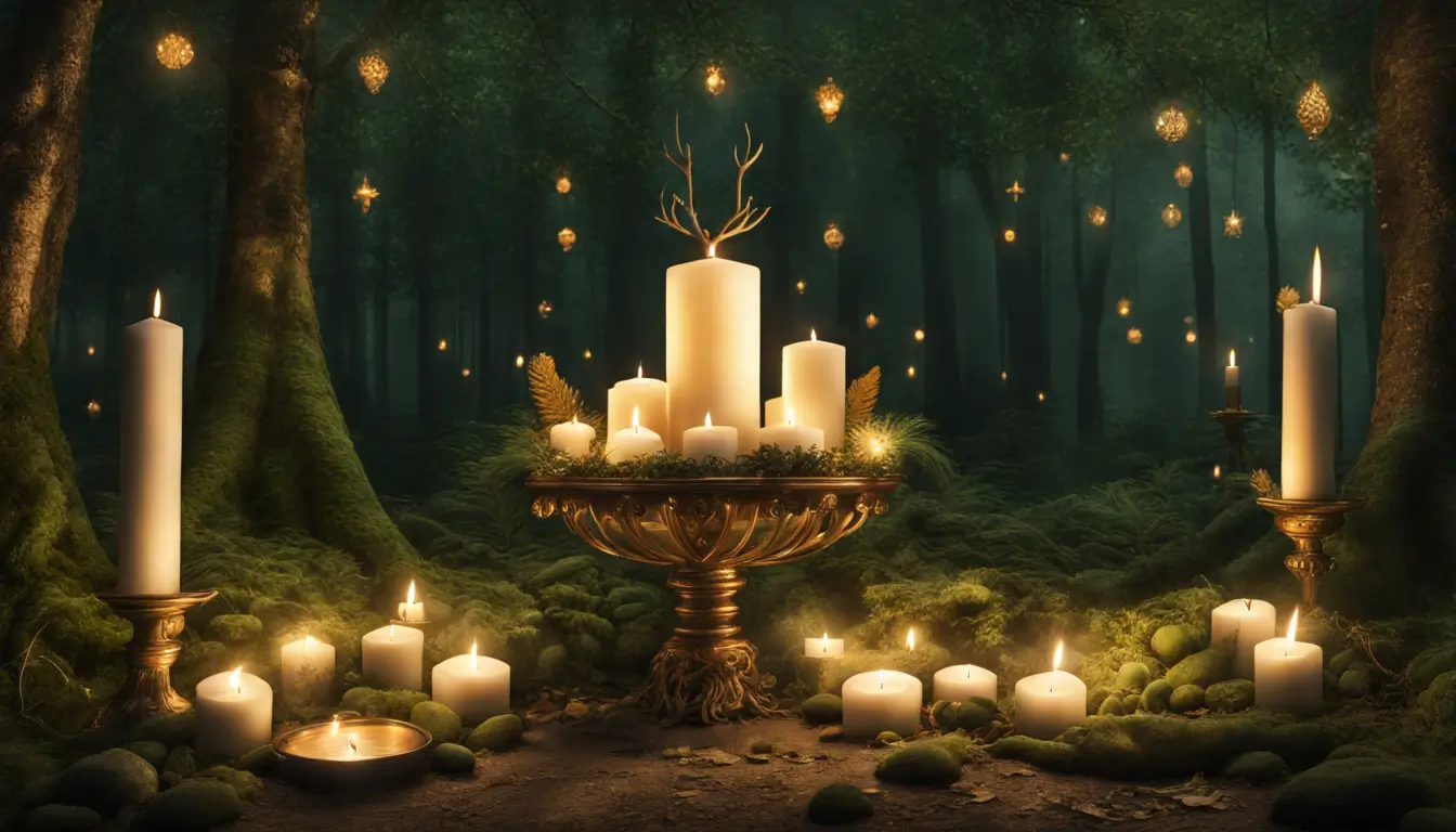 Bruxas em um círculo, com túnicas verdes e douradas, velas e cristais, em um bosque noturno, altar com moedas douradas e símbolos de prosperidade.