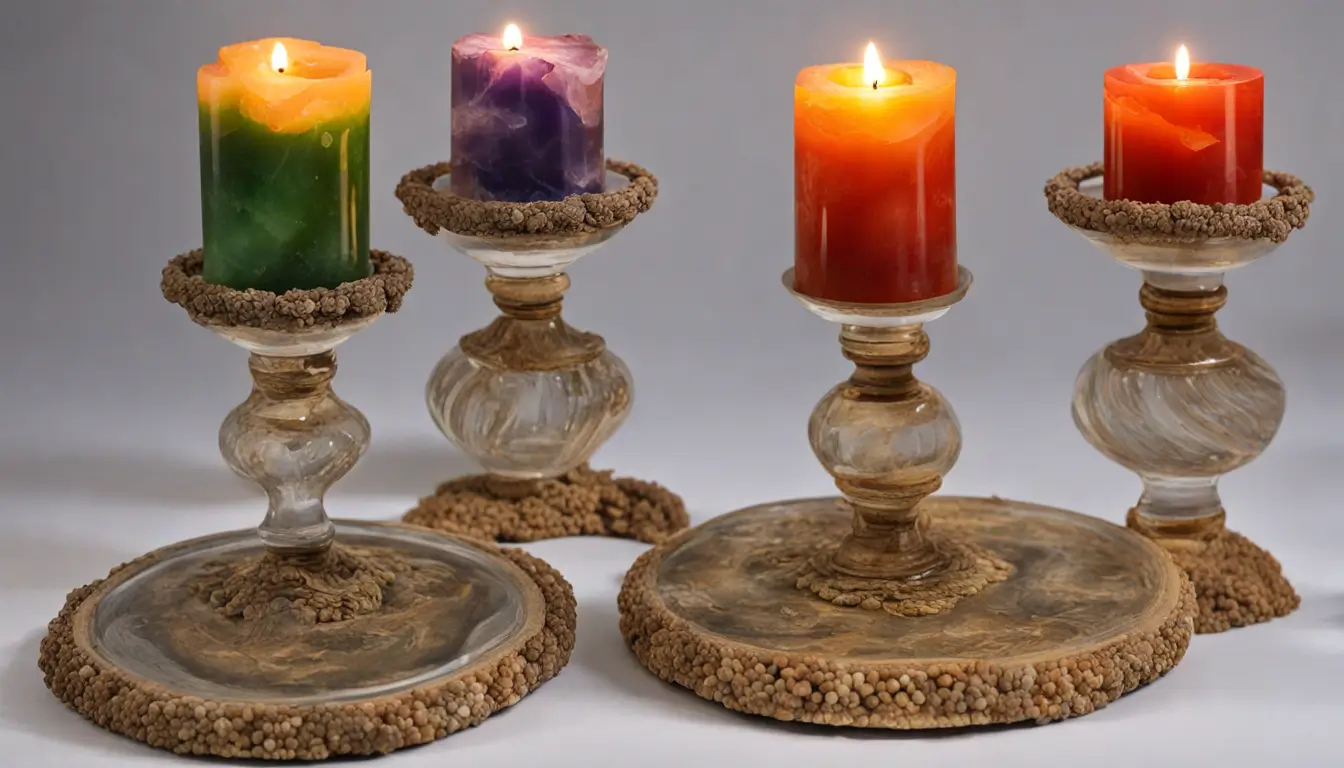 Mesa de madeira com velas acesas, tigela de cristal com moedas douradas e pedras preciosas, incenso queimando e símbolos místicos em papel pergaminho.