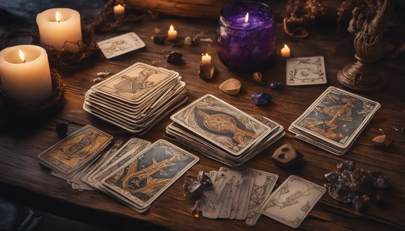 Imagem de uma mesa de madeira com cartas de Tarot, mostrando símbolos detalhados, uma vela acesa e um cristal purpura, ilustrando símbolos de Tarot.