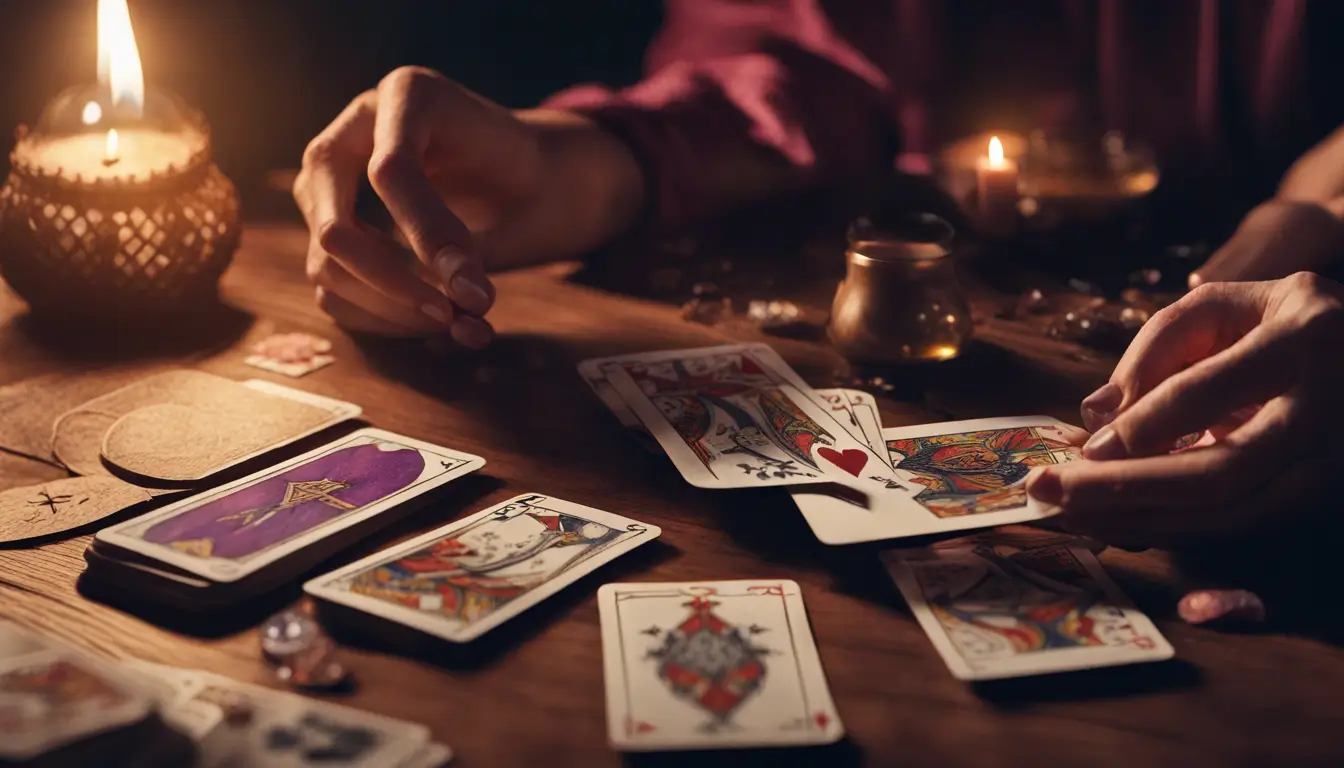 Mesa de madeira escura com cartas de tarot, vela acesa, cristal roxo, xícara de chá, e luz suave entrando pela janela ao fundo.