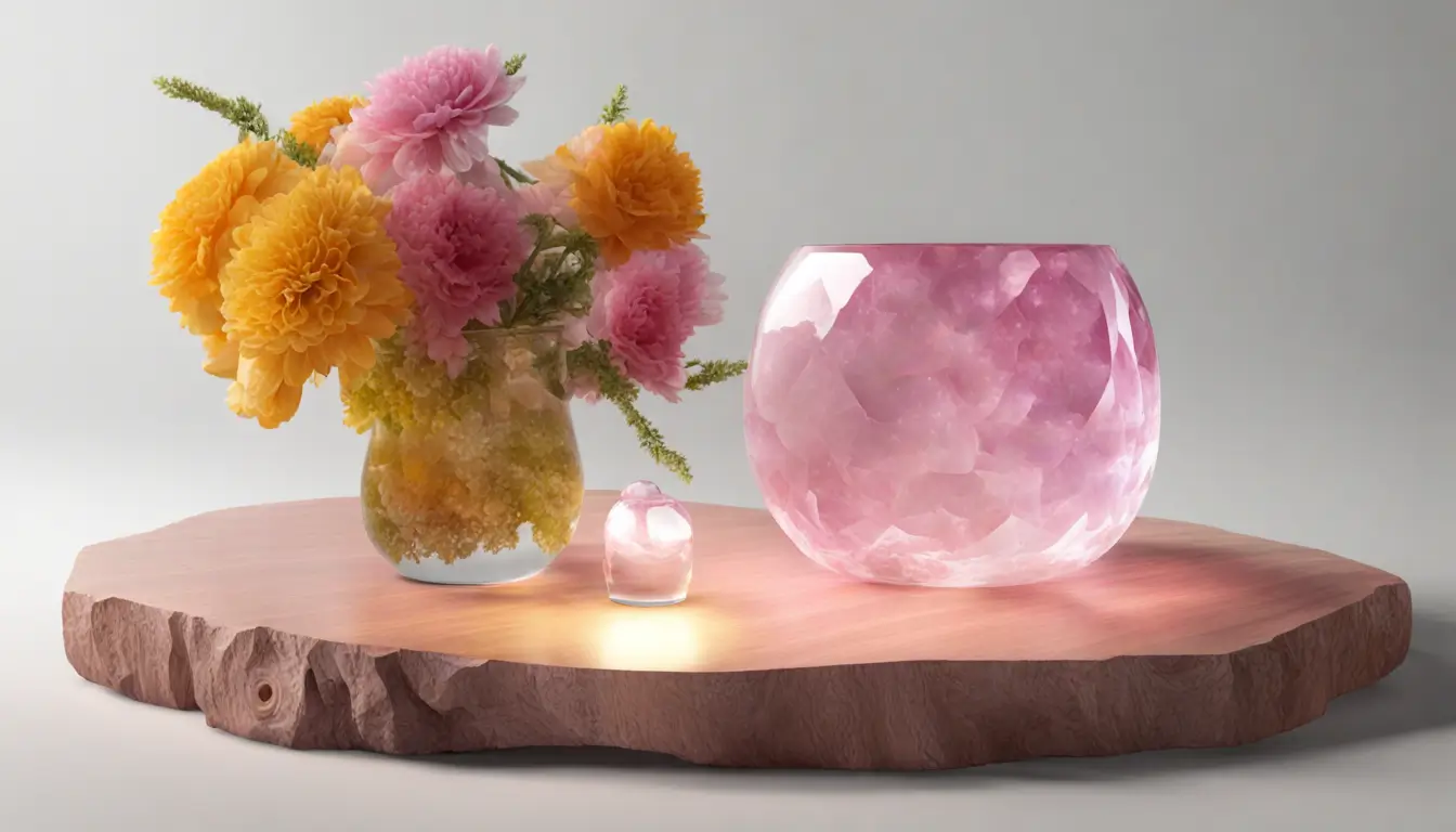 Imagem de cristais para energização, incluindo quartzo rosa, ametista, citrino e selenita, dispostos em círculos sobre uma mesa de madeira clara.