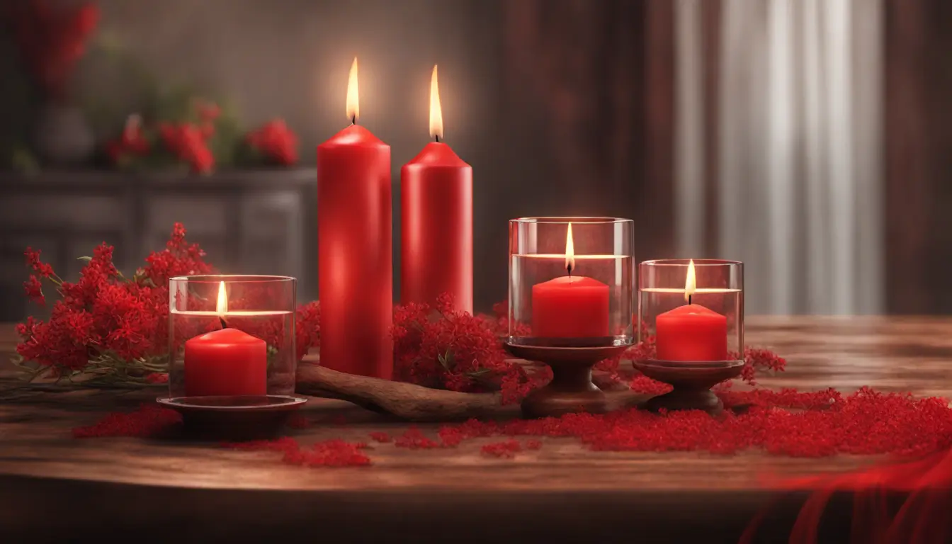 Mesa com pano vermelho, velas acesas, flores vermelhas, coração de cristal vermelho, incenso aceso e foto de casal sorrindo.