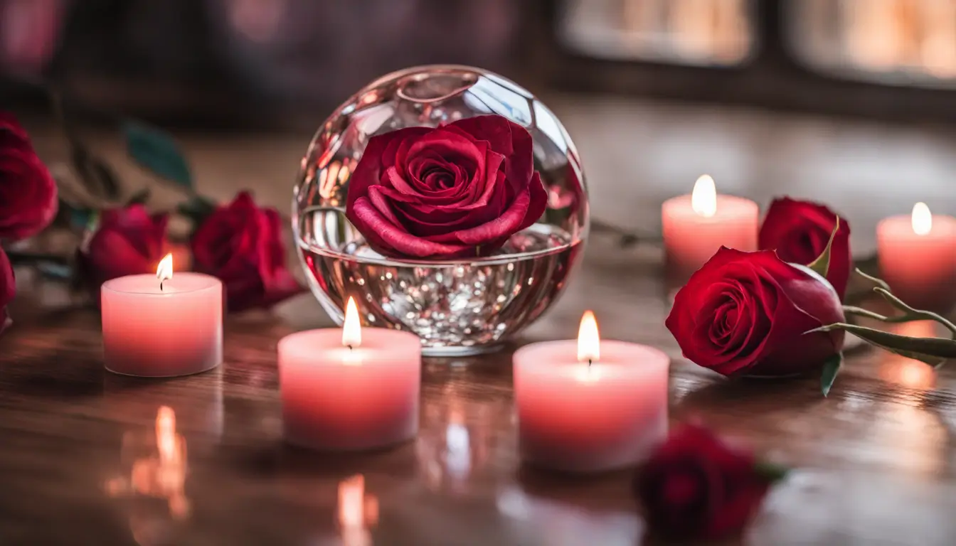 Bola de cristal iluminada prevendo o futuro do amor com corações e rosas, cercada por velas e pétalas de rosa, com um céu estrelado ao fundo.