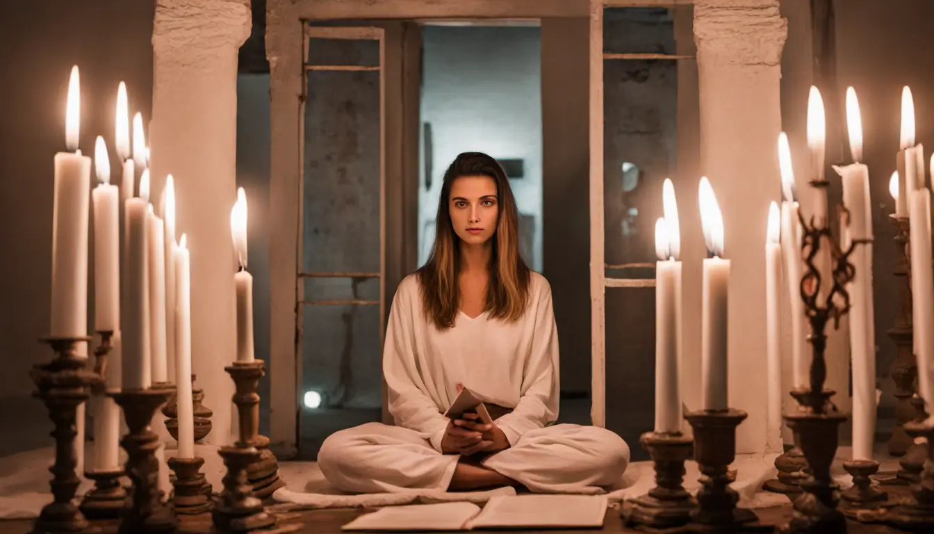 Pessoa meditando cercada por livros e velas acesas, com espelho refletindo a cena, destacando técnicas de autoconhecimento e exploração do verdadeiro eu.