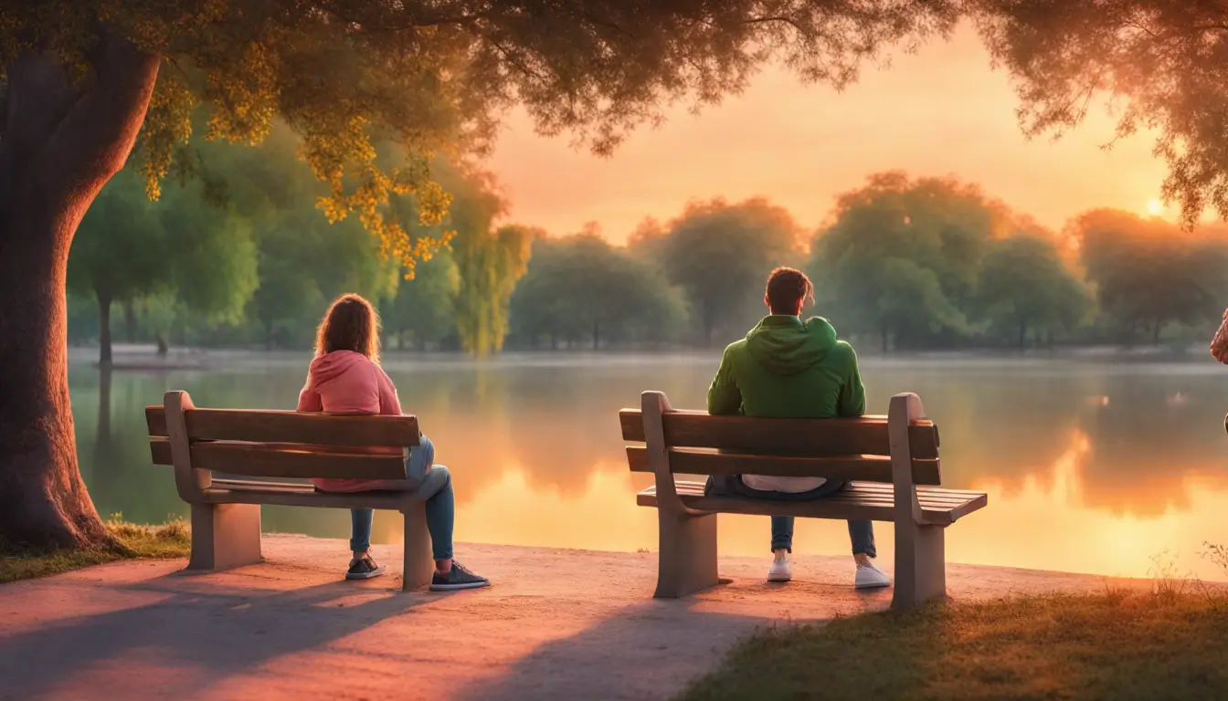 Casal sentado em um banco de parque de mãos dadas e sorrindo, com árvores verdes ao fundo e pôr do sol colorido, representando amor e conexão.