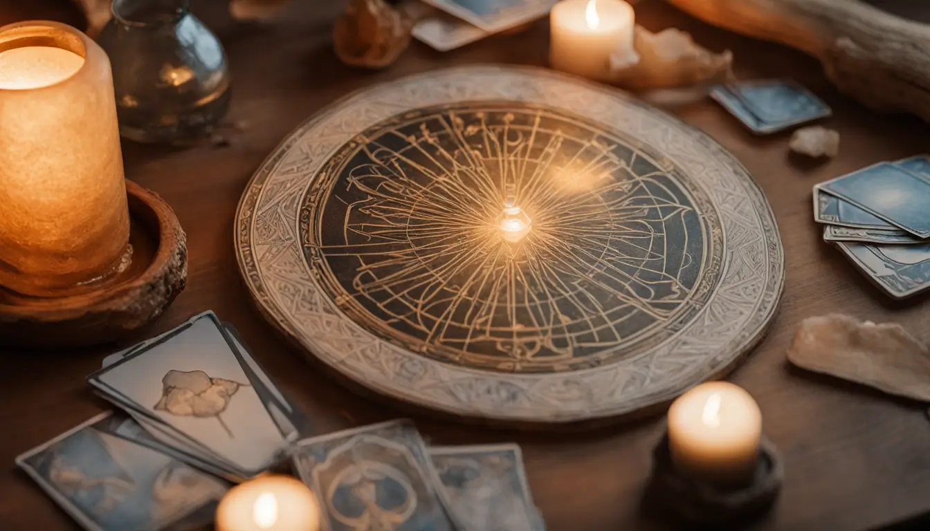 Imagem de um baralho de cartas de tarot em padrão circular sobre uma mesa de madeira com uma vela acesa e um cristal de quartzo transparente.