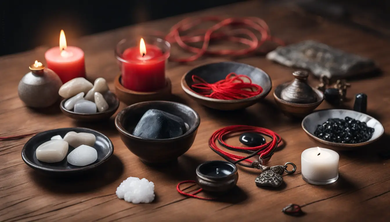 Uma mesa de madeira coberta com vários amuletos de proteção, incluindo uma pedra de obsidiana negra, uma pulseira de fio vermelho e uma pequena tigela de sal, com uma vela branca acesa ao fundo.