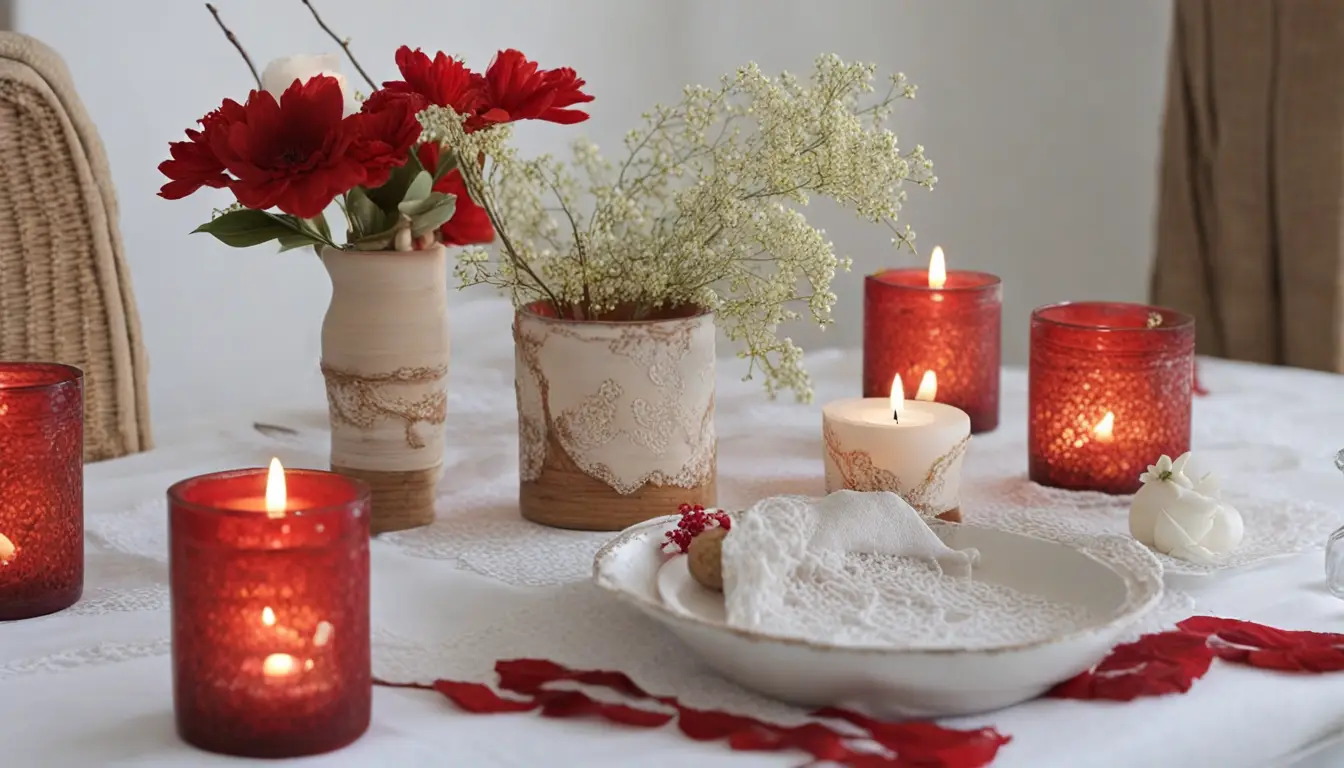 Mesa de madeira rústica com toalha de renda branca, velas acesas, flores, biscoitos e suco de laranja.