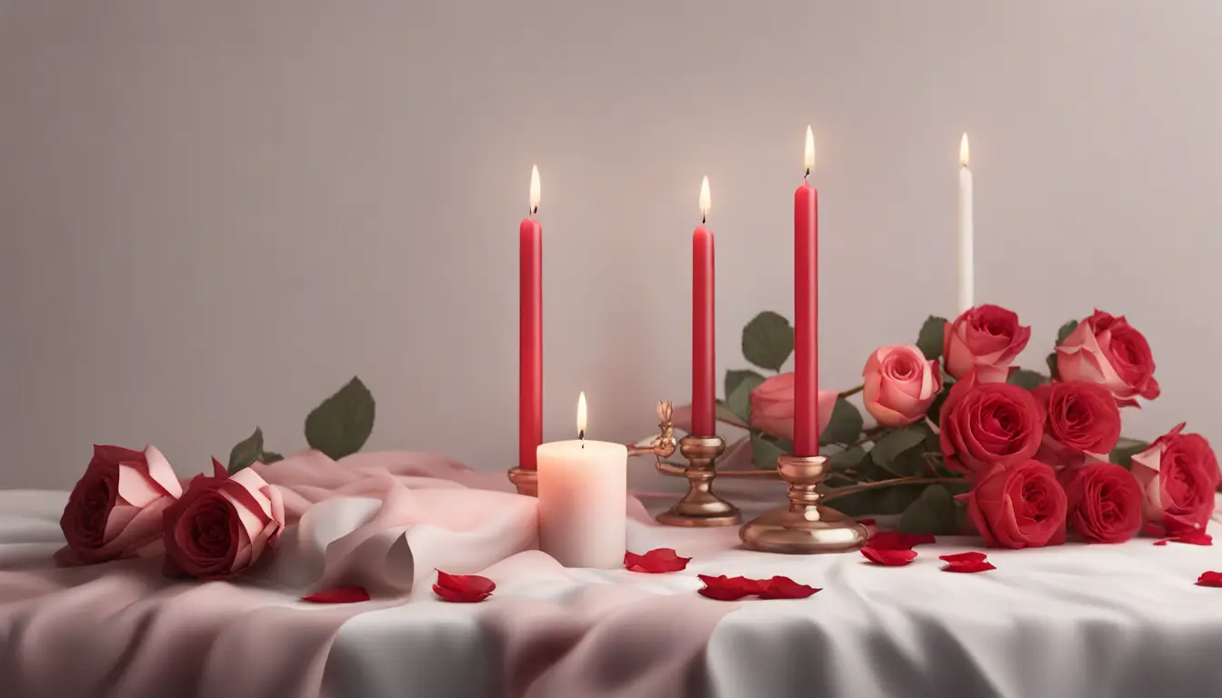 Mesa de madeira clara com toalha branca, três velas vermelhas acesas, buquê de rosas vermelhas e coração de papel rosa.