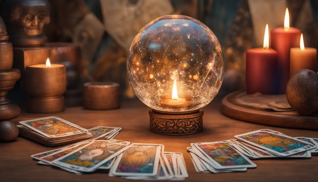 Mesa redonda de madeira com cartas de tarot e bola de cristal, velas acesas ao redor, iluminação suave.