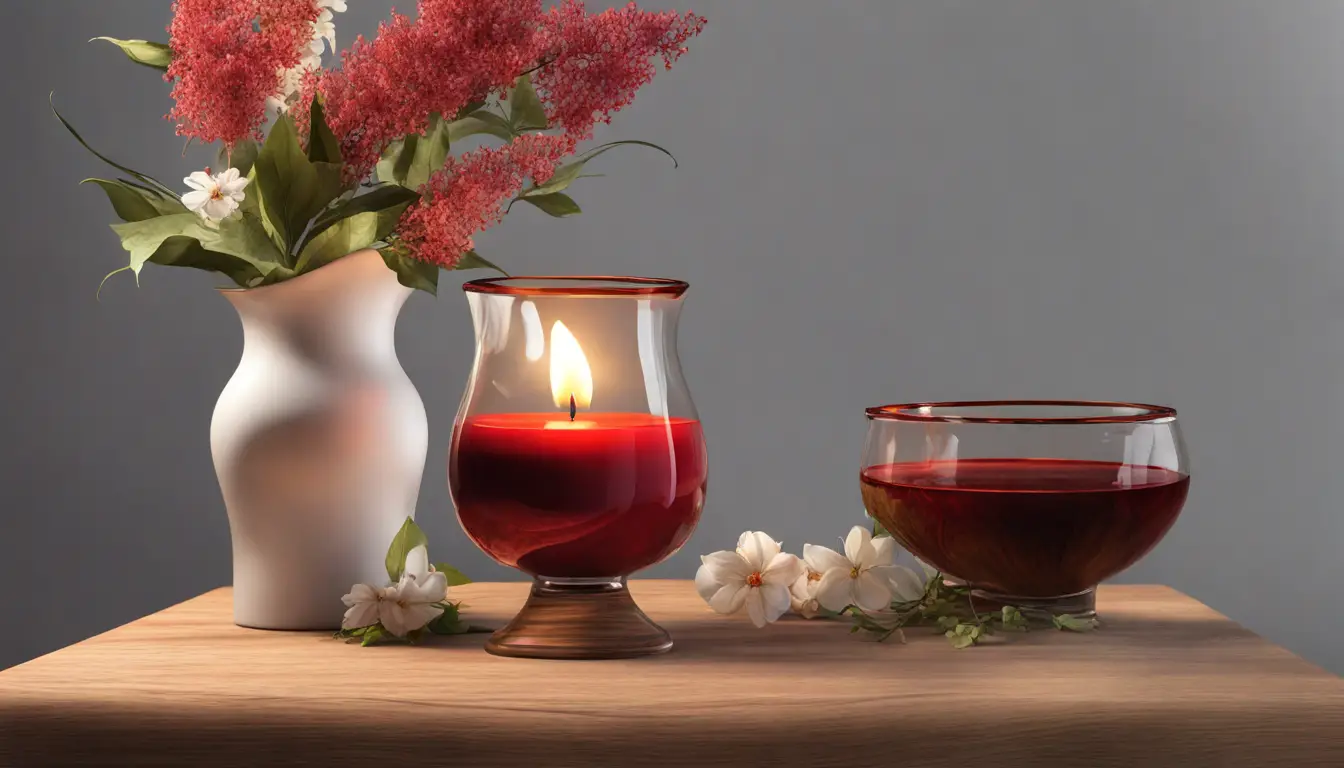 Mesa com vela vermelha, flores coloridas, pote de mel, taça de vinho tinto e duas alianças douradas sobre toalha branca.