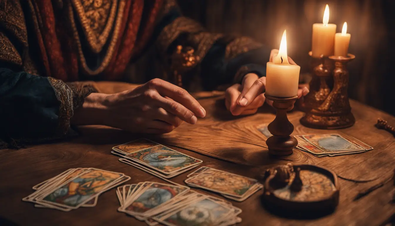 Leitor de tarot sentado à mesa redonda de madeira com baralho detalhado de Tarot de Marselha, vela acesa e bola de cristal, em sala aconchegante com pouca luz.