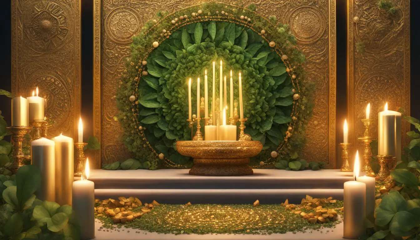 Altar dourado com velas, cristais e moedas, mandala verde de folhas e flores ao fundo.