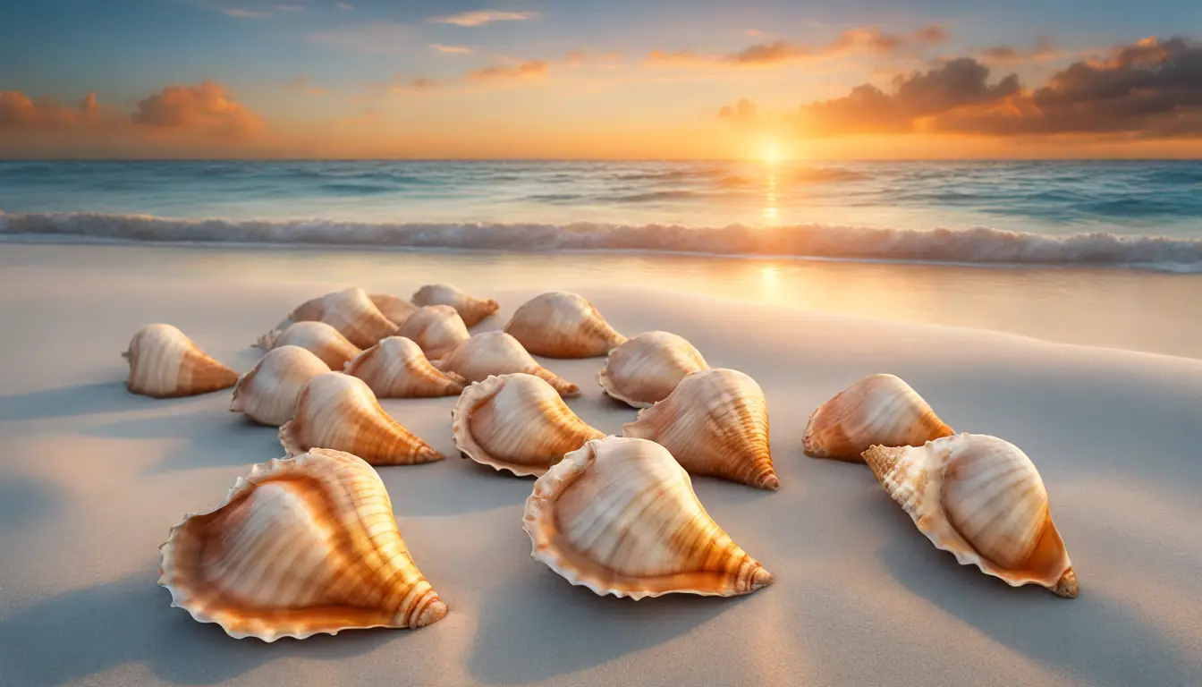 Búzios dourados na areia branca, banhados por ondas claras ao pôr do sol.