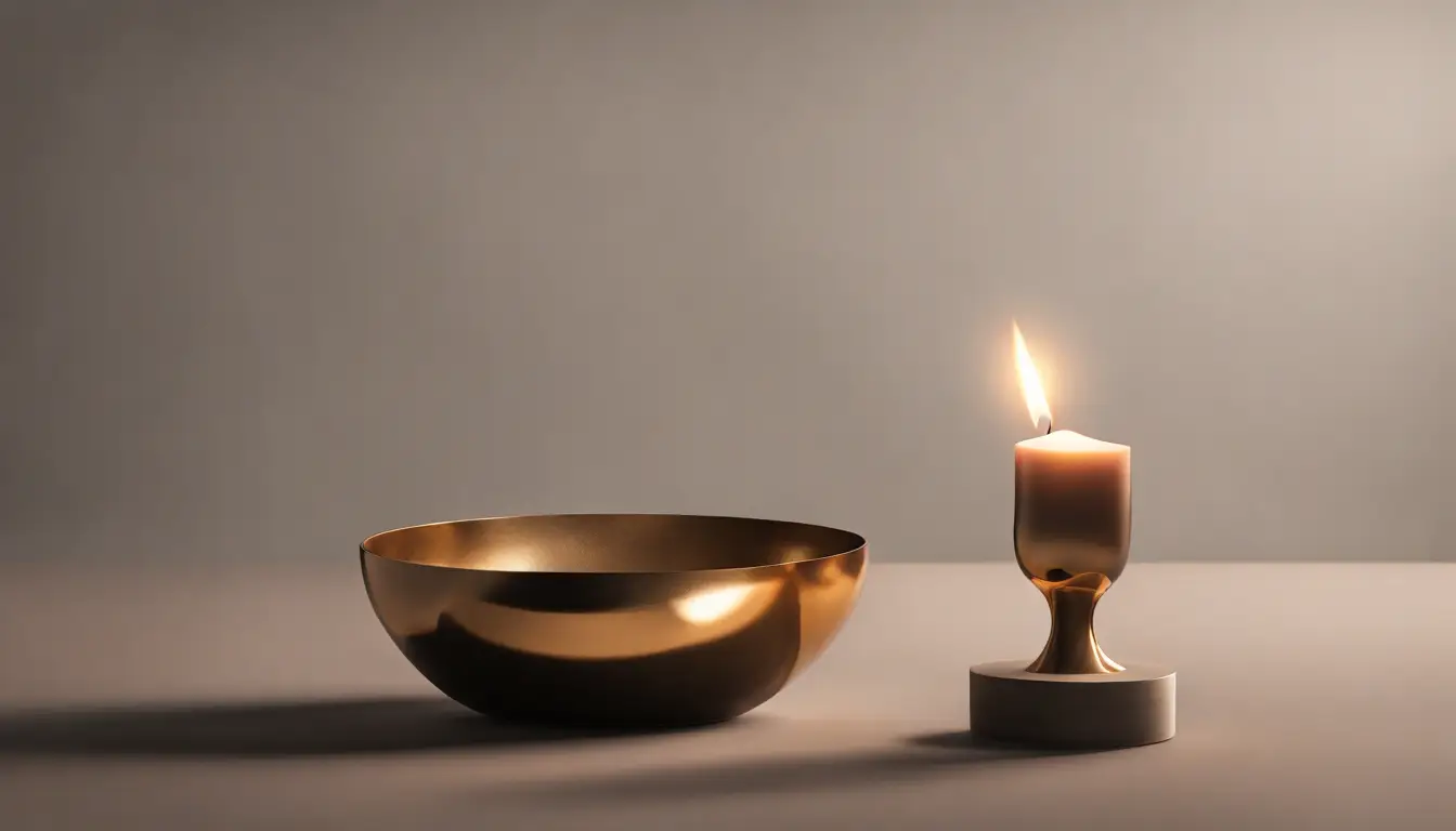 Búzios de marfim em círculo com velas acesas em mesa de madeira escura.