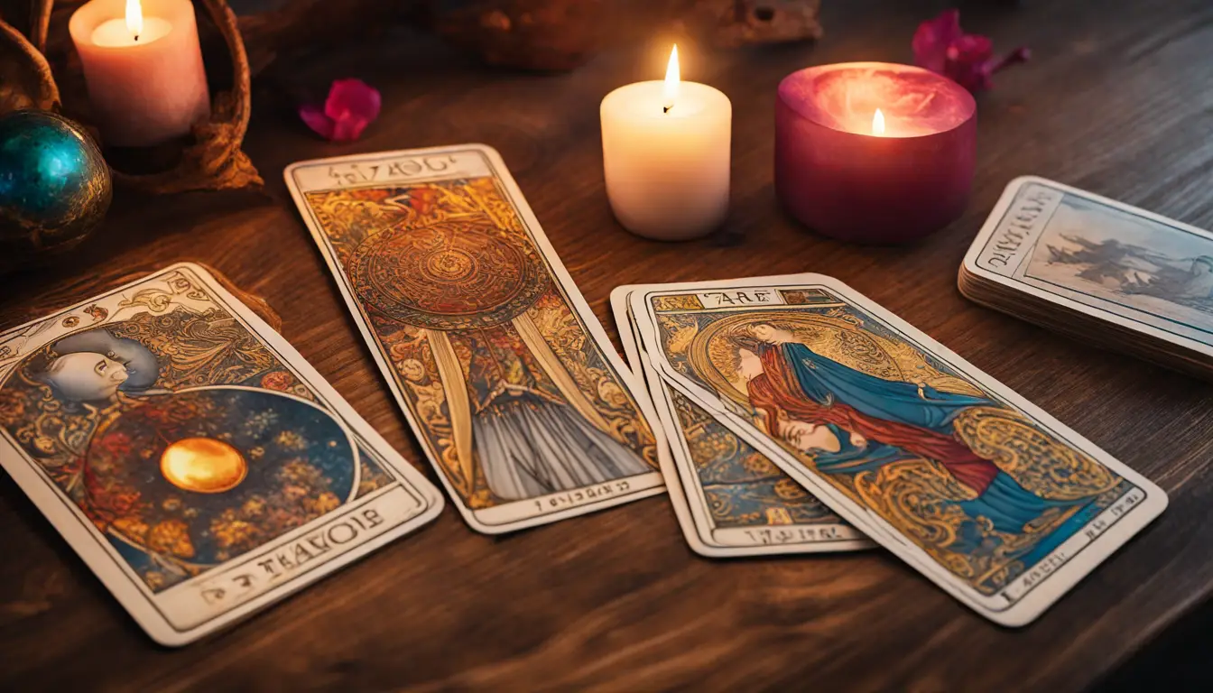 Cartas de tarot coloridas dispostas em leque sobre a mesa com bola de cristal refletindo luz suave de velas.