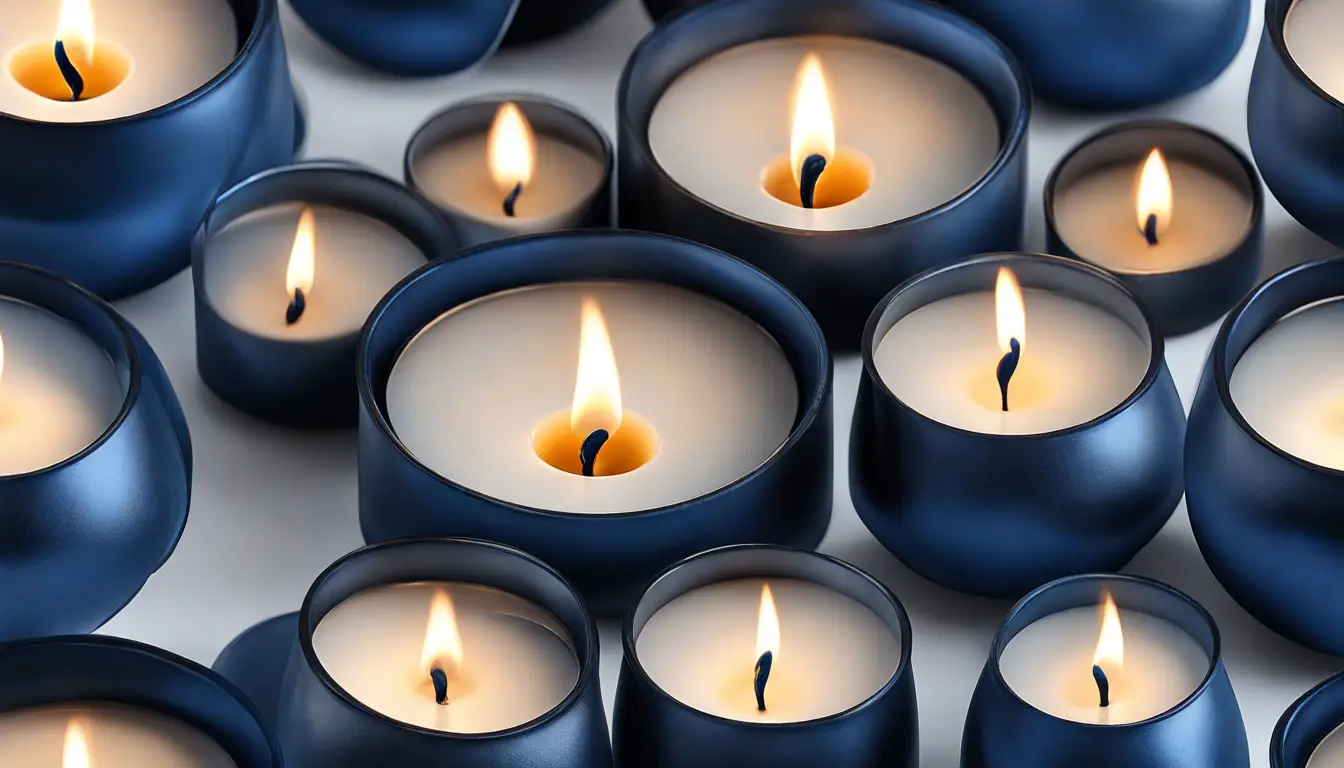 Búzios em círculo sobre tecido de veludo azul com iluminação suave de velas.