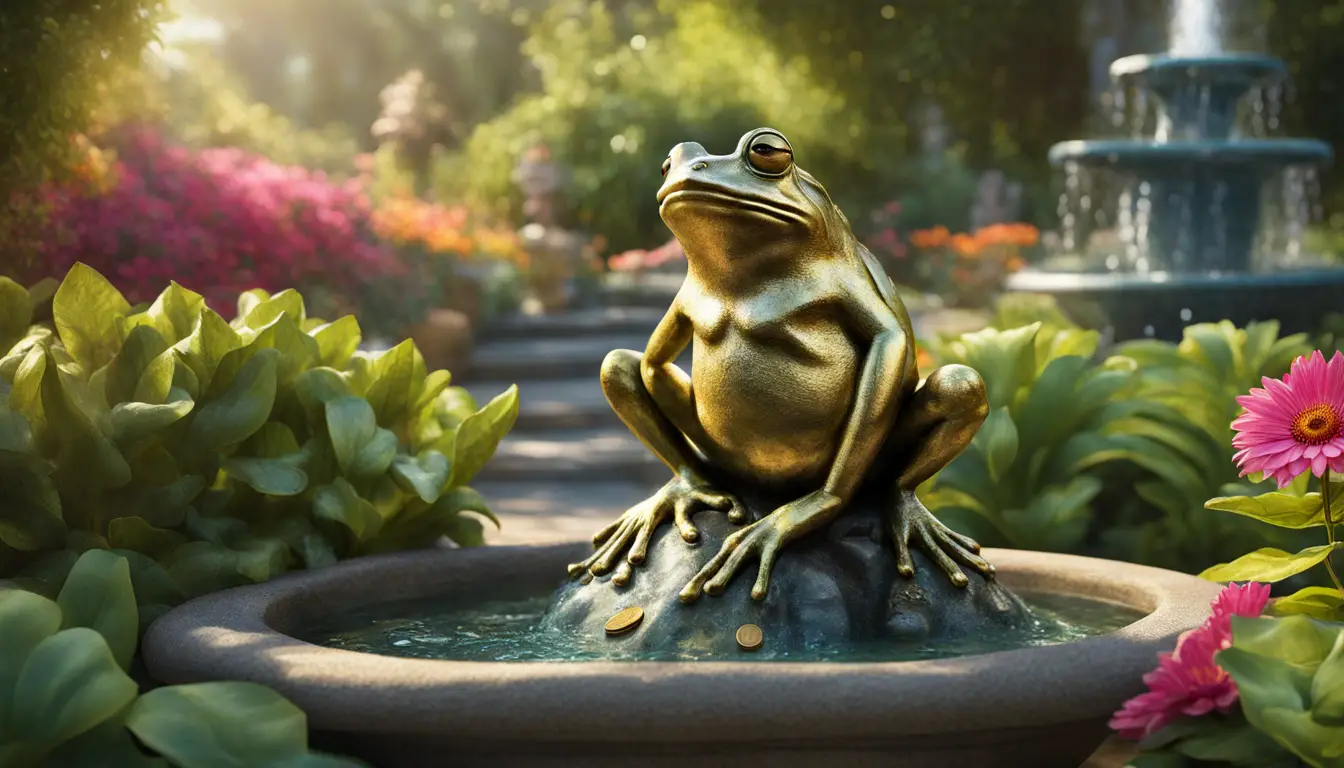 Jardim exuberante com flores coloridas e figura de sapo dourado segurando moeda em pedestal cercado por fontes e vegetação.