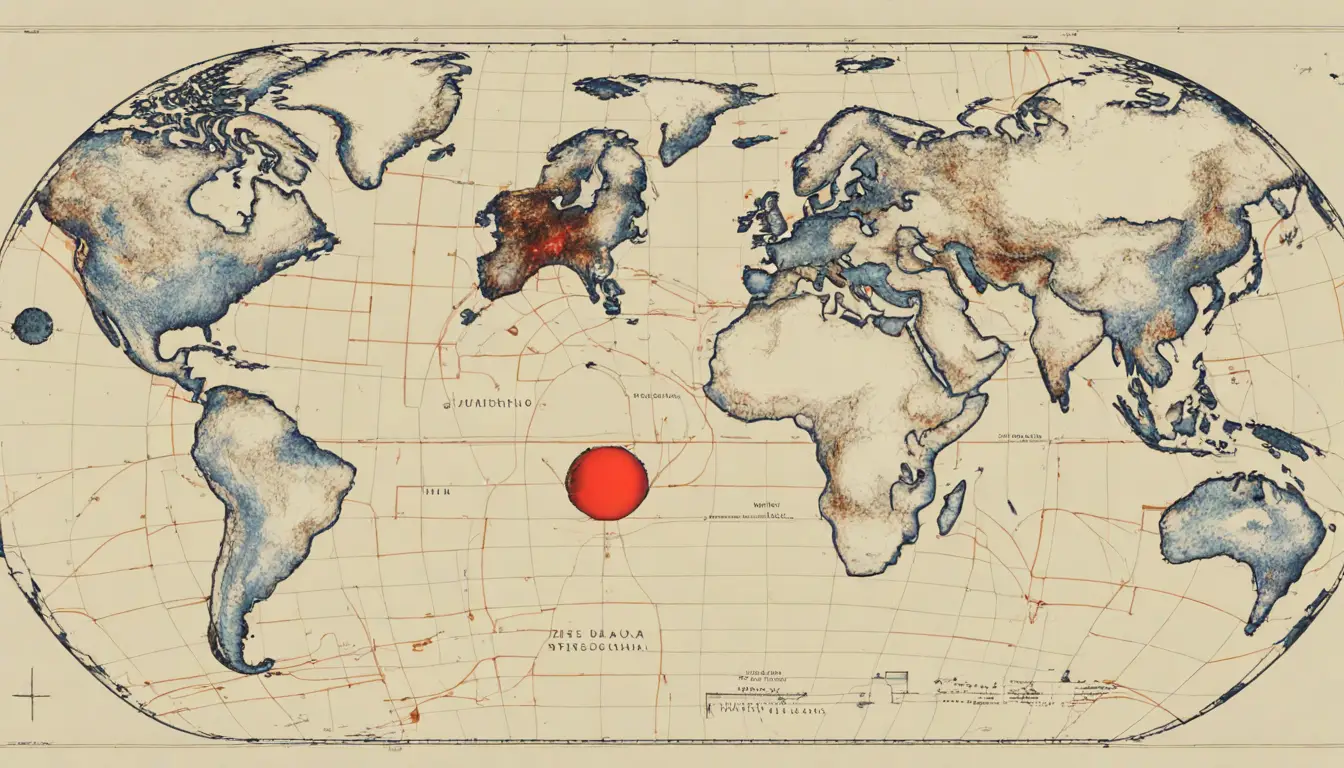 Mesa astronômica com mapa astrológico e esferas planetárias coloridas sob céu estrelado.