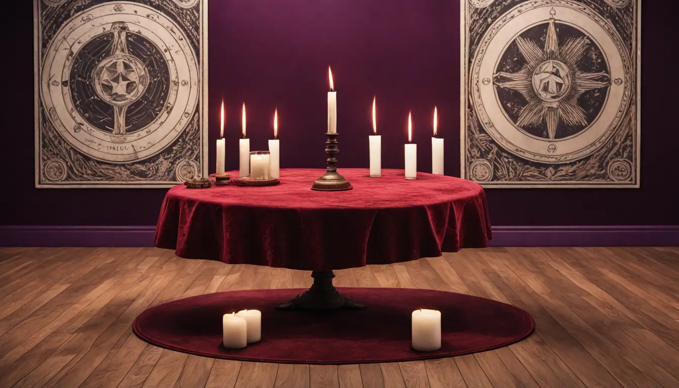 Mesa redonda com deck de Tarô de Marselha e quatro velas brancas acesas em sala com paredes roxas.