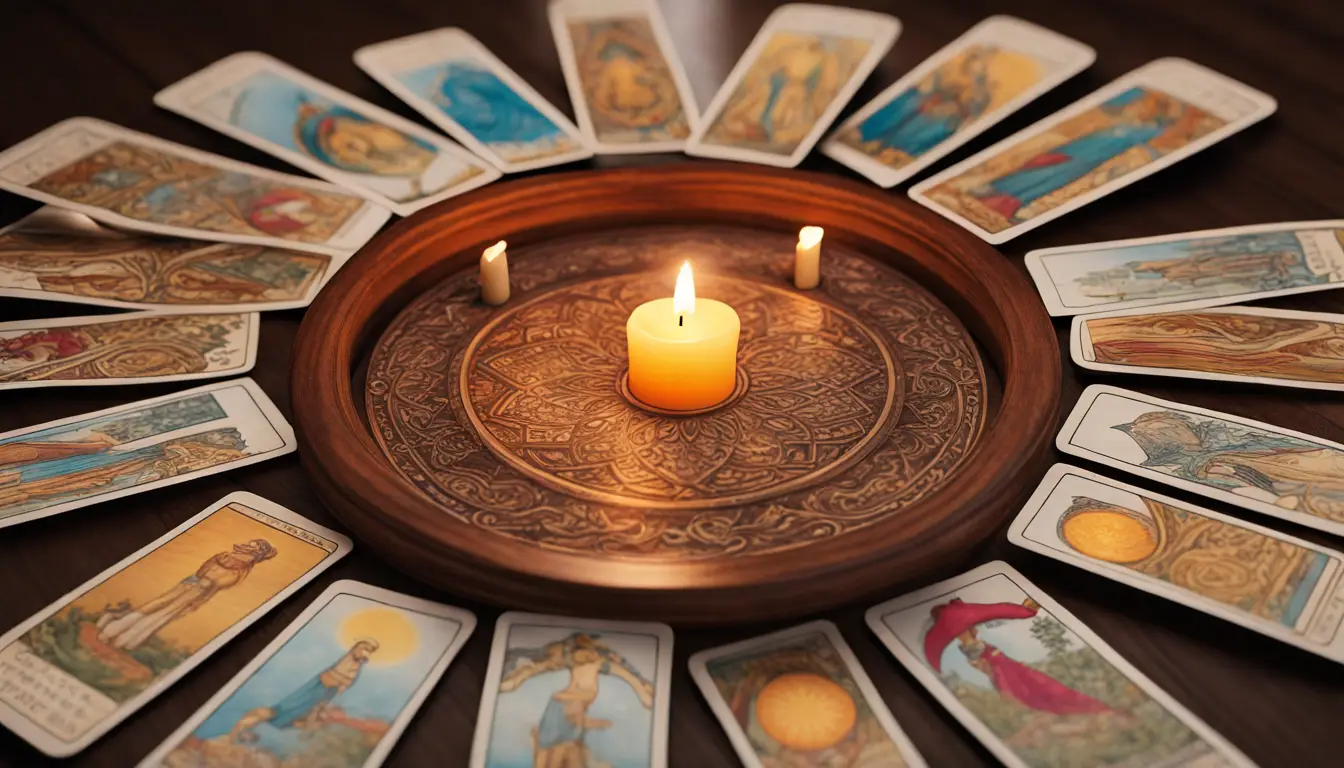 Mesa redonda de madeira com cartas de tarô coloridas, vela acesa e orbe de cristal refletindo luz.