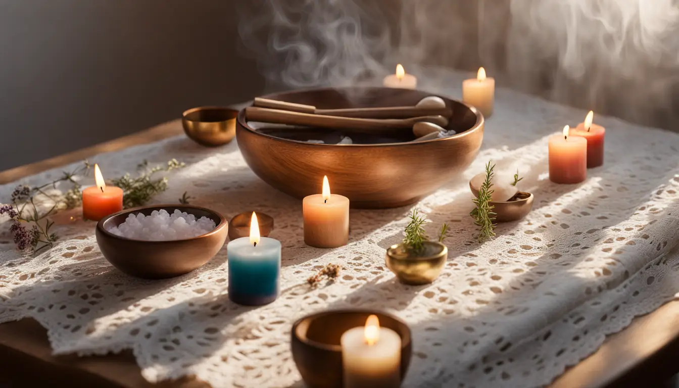 Mesa com velas coloridas acesas, tigela de ervas, cristal de quartzo e incensário de latão com fumaça sobre toalha de renda.