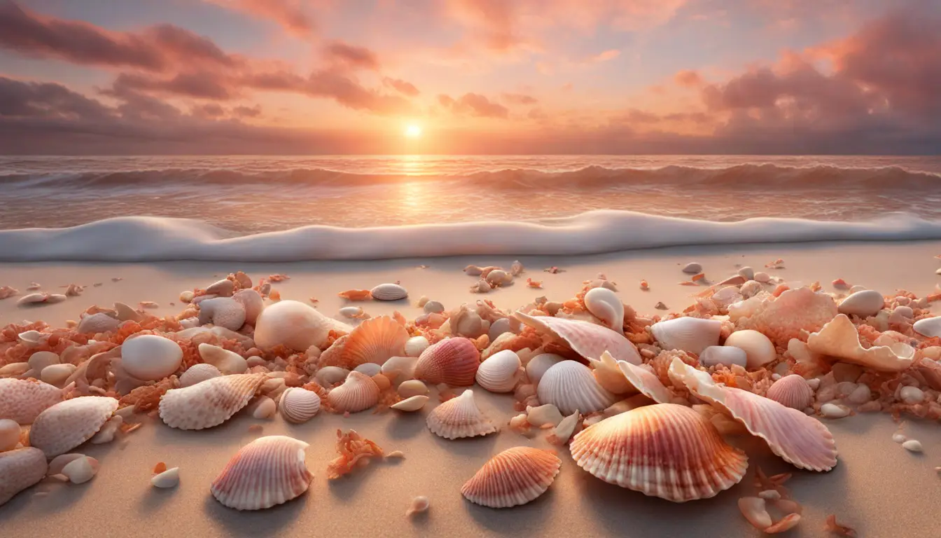 Conchas na areia de uma praia tranquila ao pôr do sol com ondas suaves e céu em tons de laranja e rosa.