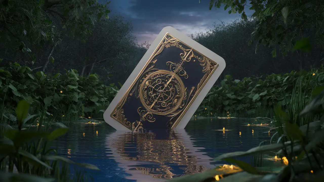 Tarot card com detalhes dourados parcialmente submerso em lagoa, cercado por folhagem verde e vaga-lumes brilhantes.