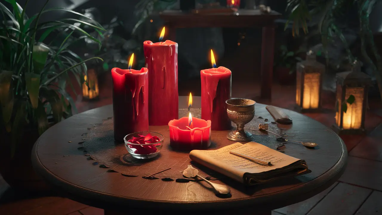 Mesa redonda de madeira com velas vermelhas, pétalas de rosa, cálice de prata e pergaminho, rodeada de plantas verdes e lanternas.