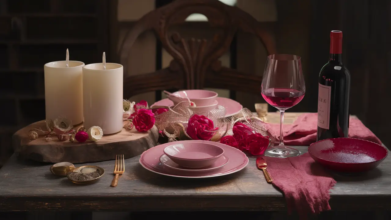 Mesa de madeira com velas acesas, pétalas de rosa, maçãs vermelhas e taça de vinho tinto ao lado de espelho redondo.