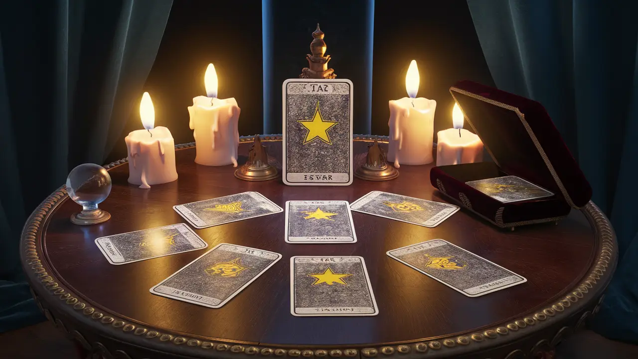 Cartas de tarô dispostas em uma mesa de madeira com velas acesas e bola de cristal ao lado.