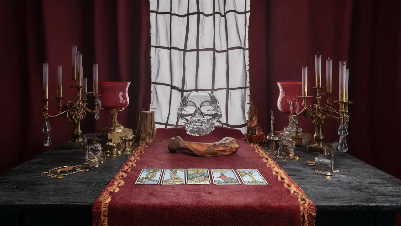 Mesa de madeira com cartas de tarot, velas acesas e crânio de cristal, sobre um tapete de veludo roxo.