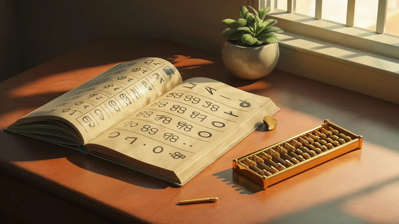 Livro aberto com números, ábaco dourado ao lado e planta em vaso pequeno na mesa iluminada por luz natural suave.